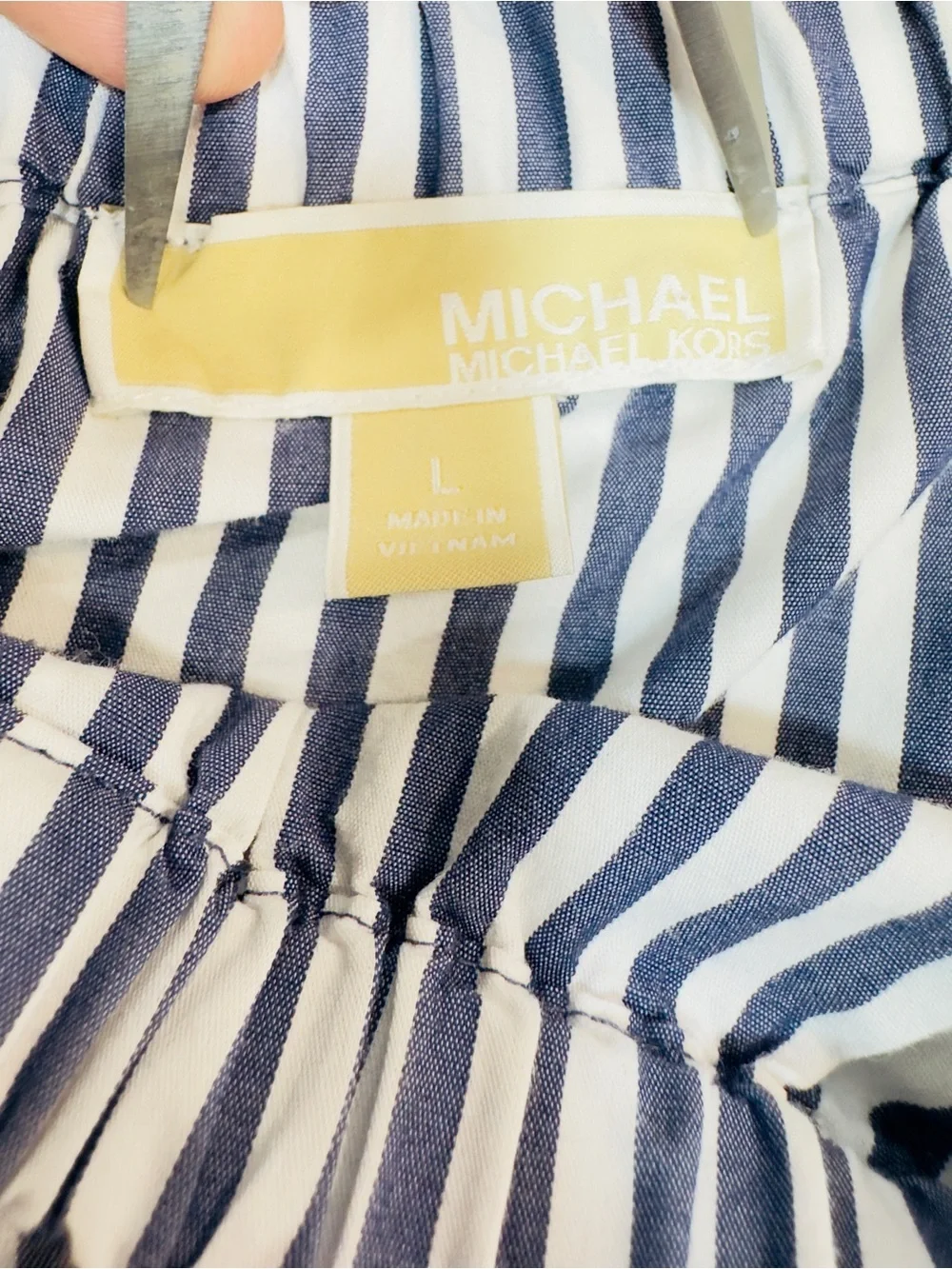 Michael Kors Blue White Striped Off Shoulder Peasant Blouse Balloon Sleeve Top L